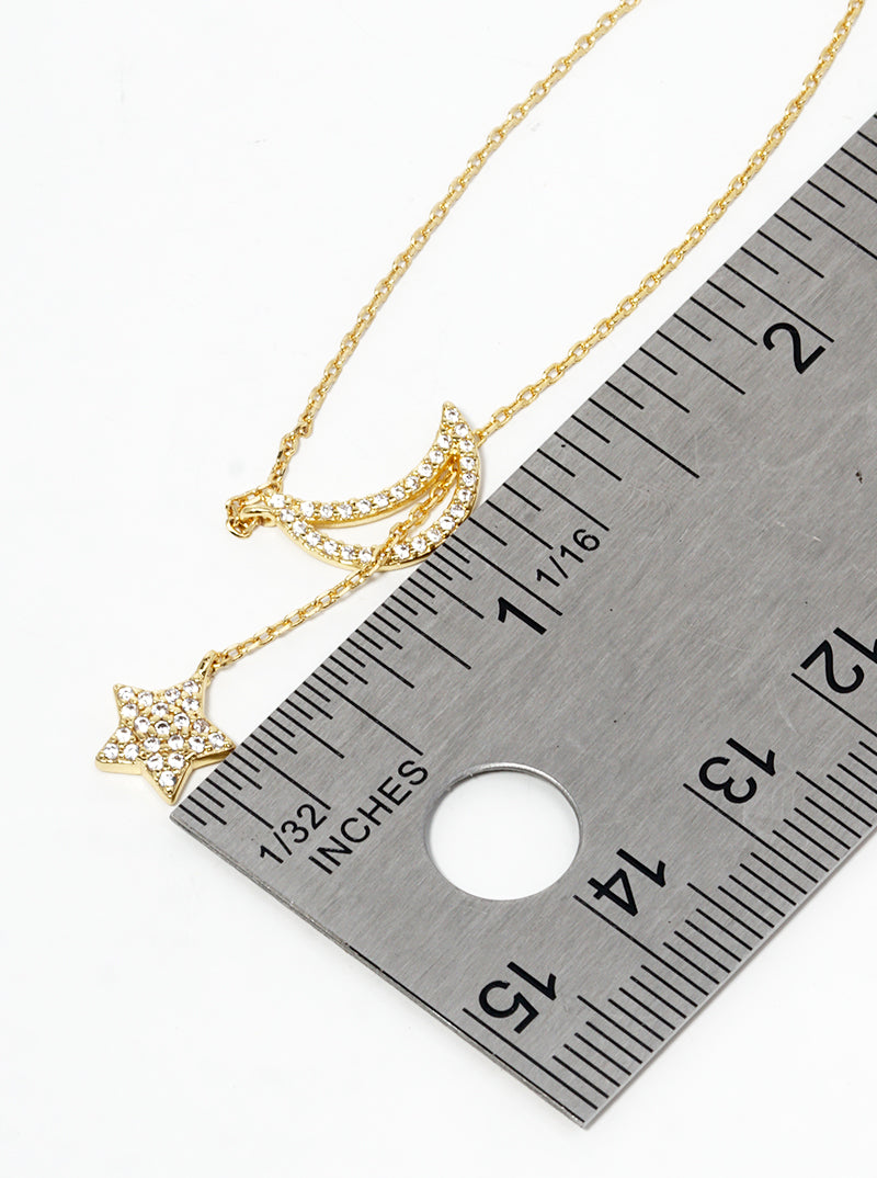18k Gold Dipped CZ Pave Star And Moon Pendant Lariat Necklace