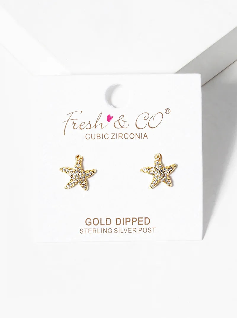 18k Gold Dipped CZ Pave Starfish Post Stud Earrings