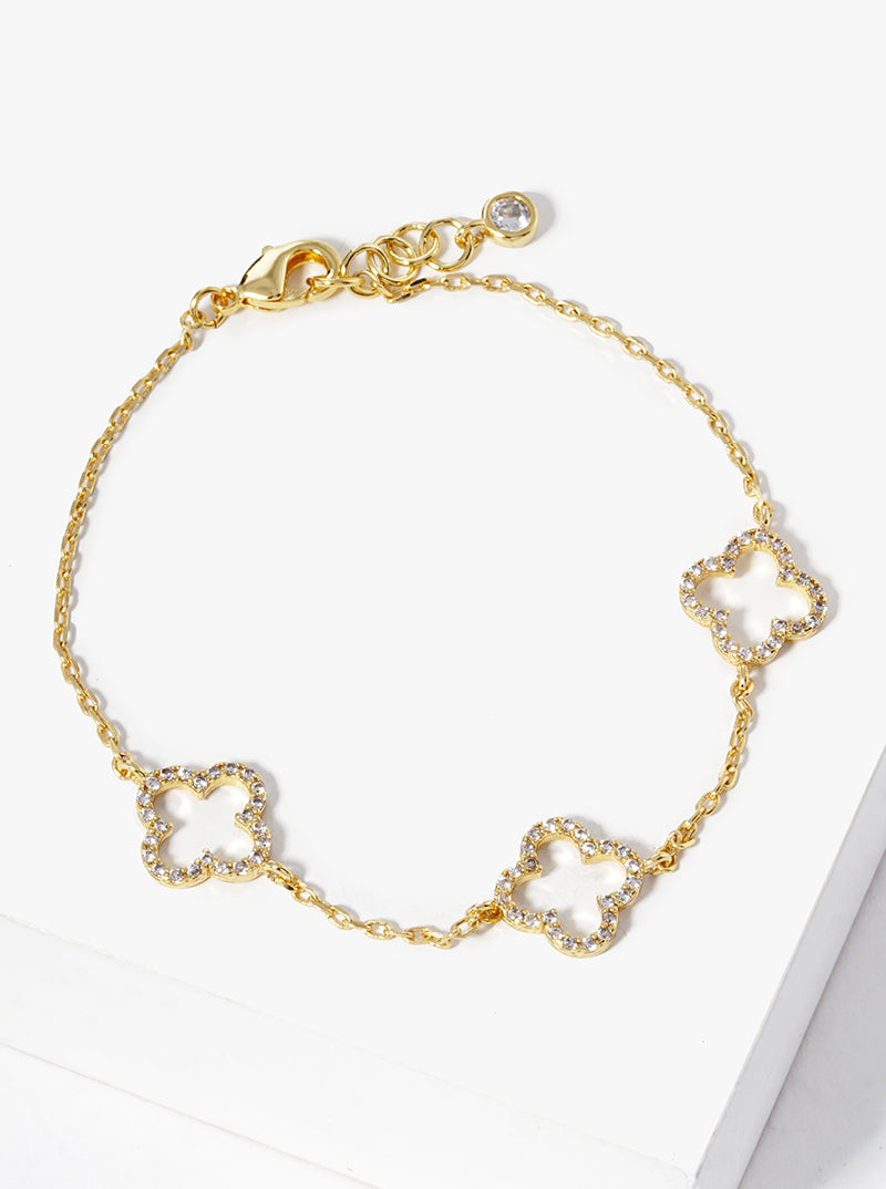 18k Gold Dipped CZ Pave Three Quatrefoil Bracelet