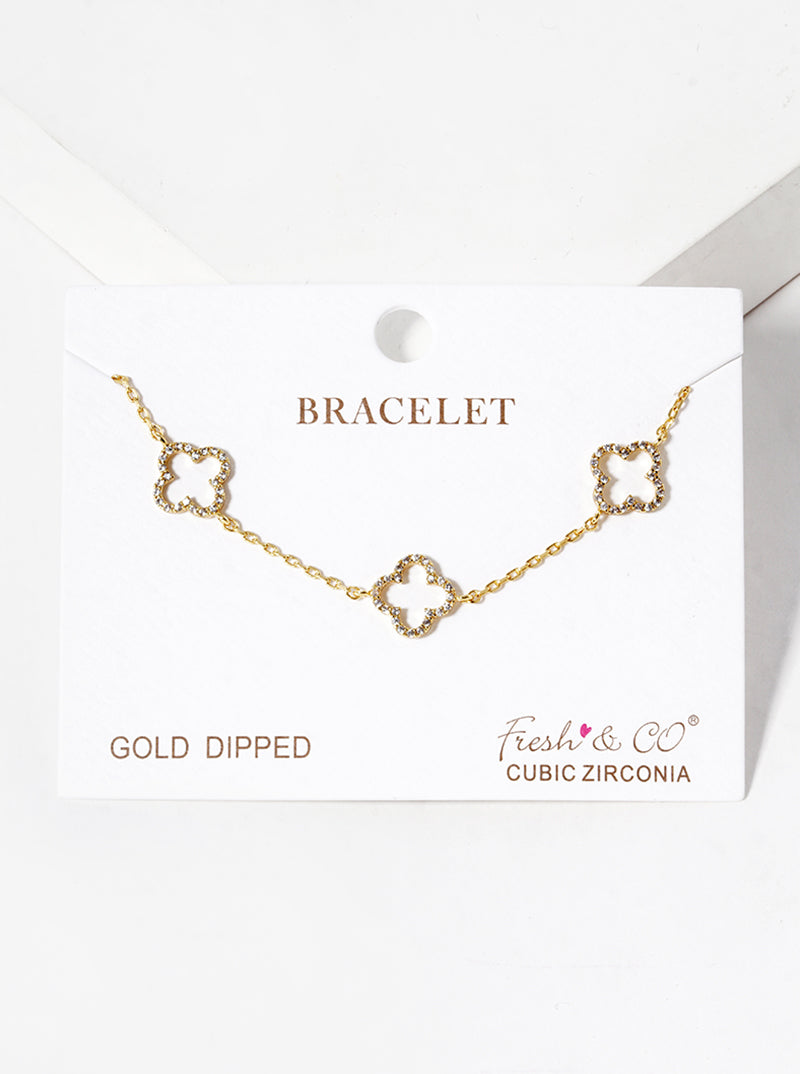 18k Gold Dipped CZ Pave Three Quatrefoil Bracelet