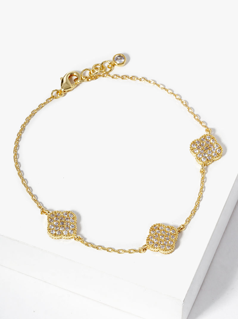 18k Gold Dipped CZ Pave Three Quatrefoil Bracelet