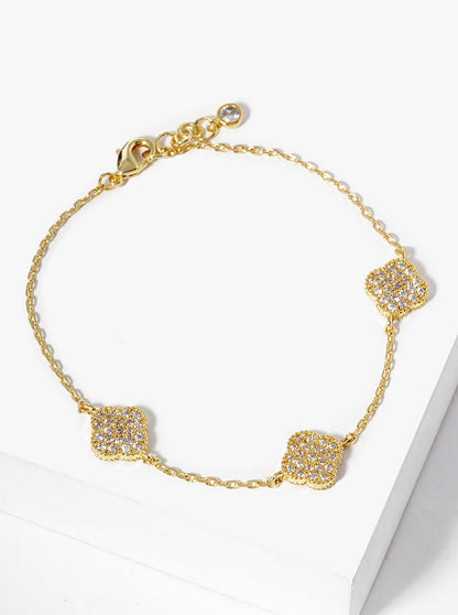 18k Gold Dipped CZ Pave Three Quatrefoil Bracelet