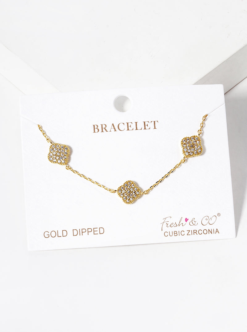 18k Gold Dipped CZ Pave Three Quatrefoil Bracelet