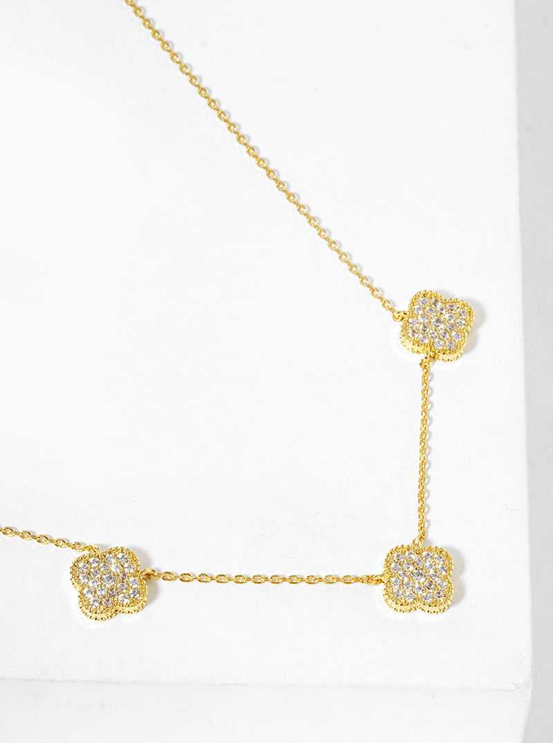 18k Gold Dipped CZ Pave Three Quatrefoil Pendant Necklace