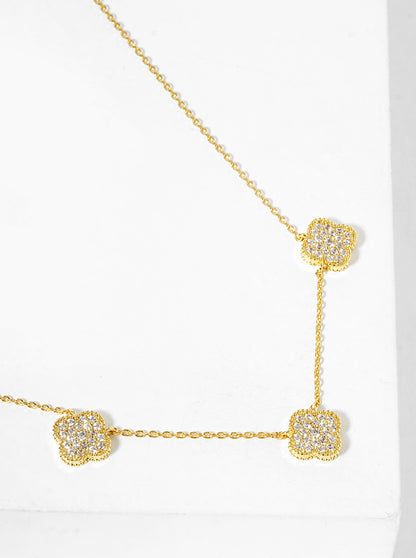 18k Gold Dipped CZ Pave Three Quatrefoil Pendant Necklace