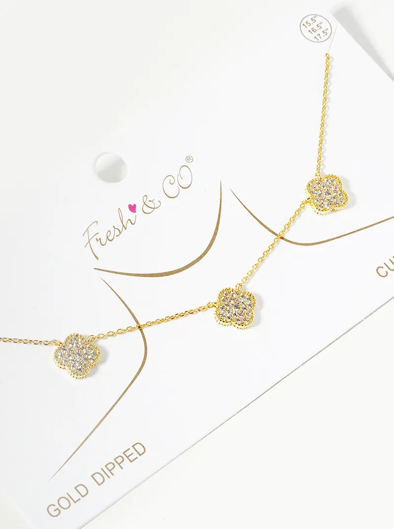 18k Gold Dipped CZ Pave Three Quatrefoil Pendant Necklace