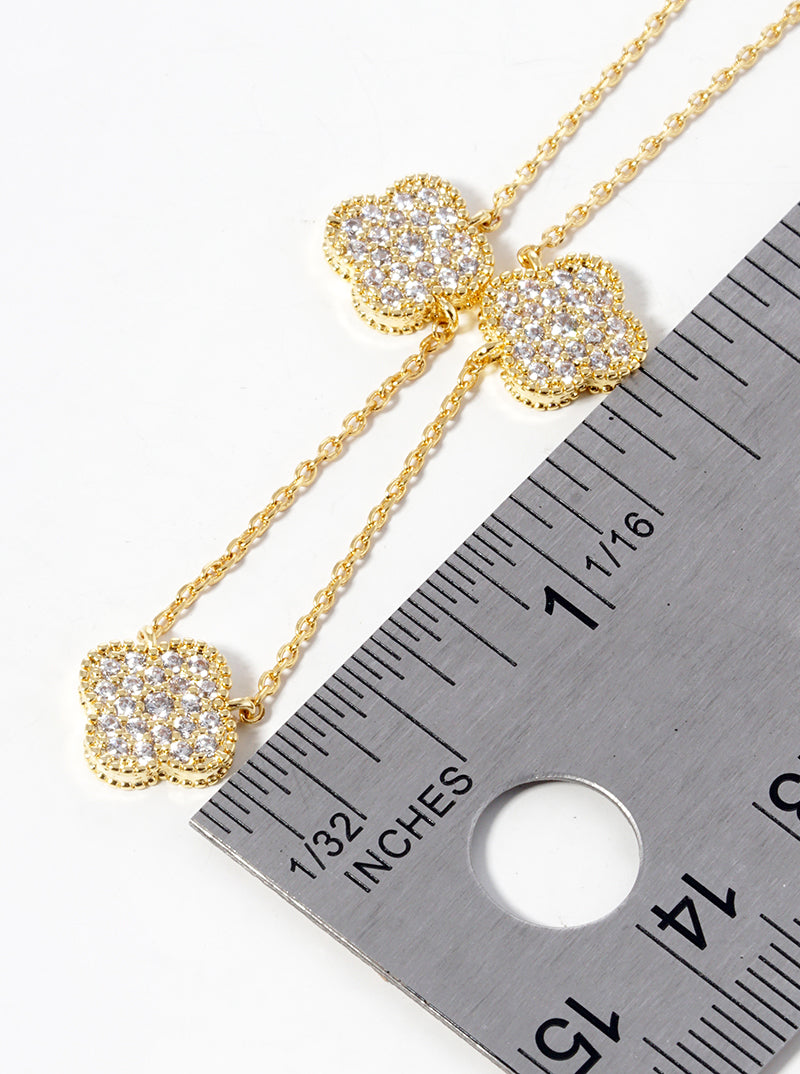 18k Gold Dipped CZ Pave Three Quatrefoil Pendant Necklace
