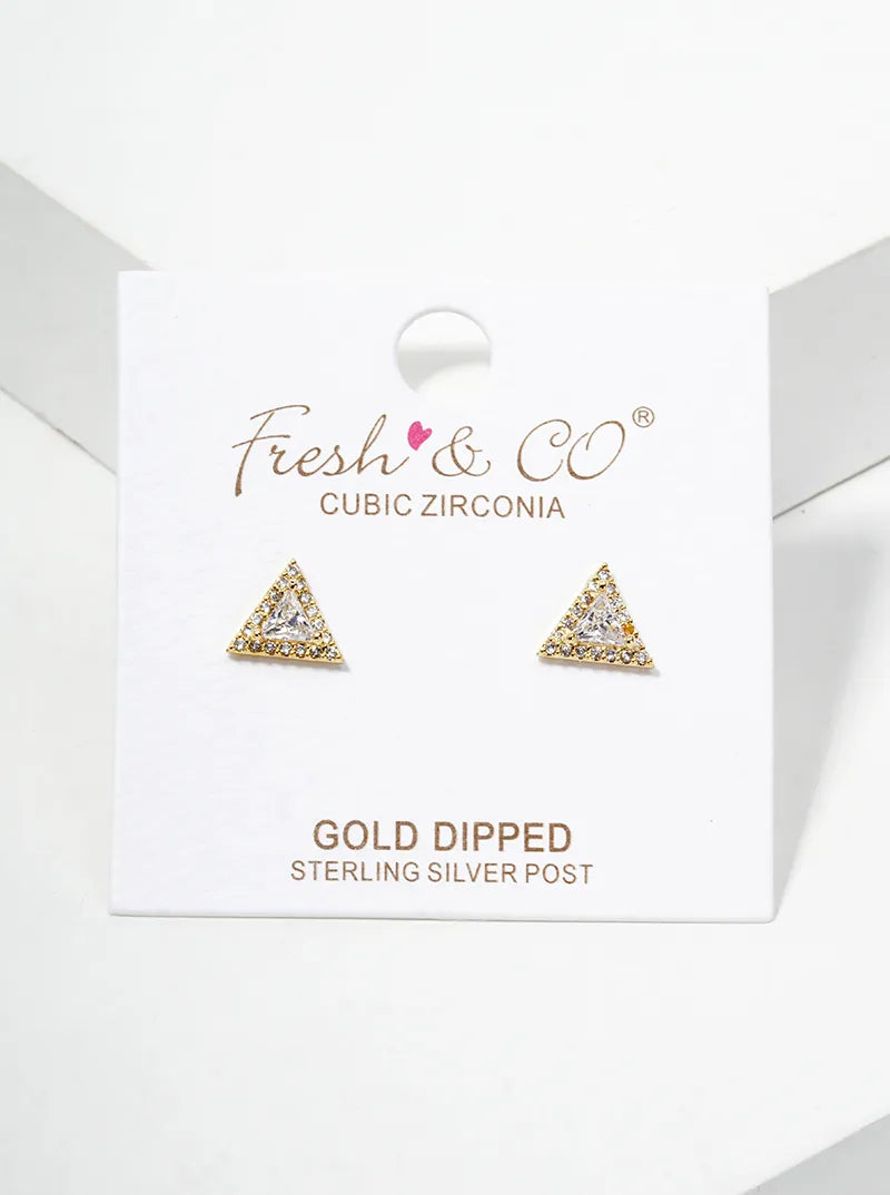 18k Gold Dipped CZ Pave Triangle Post Stud Earrings