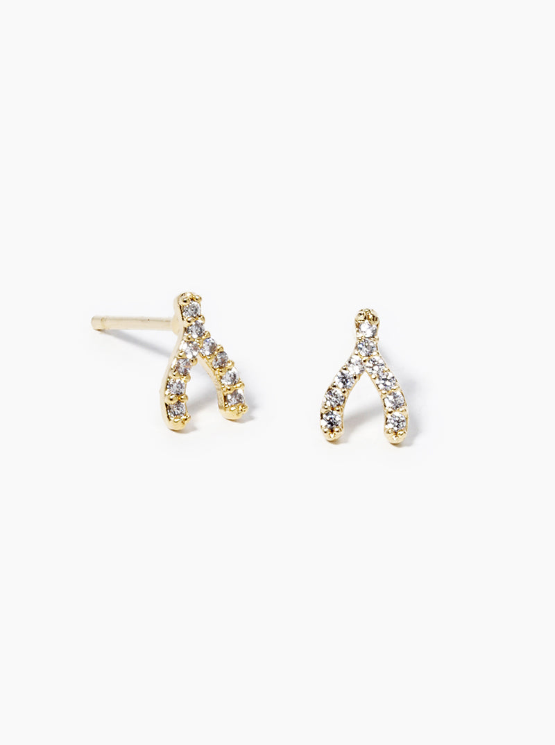 White Gold Dipped CZ Pave Wishbone Post Stud Earrings