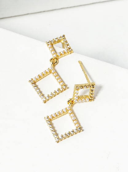 18k Gold Dipped CZ Pearl Bead Pave Double Rhombus Dangle Post Earrings