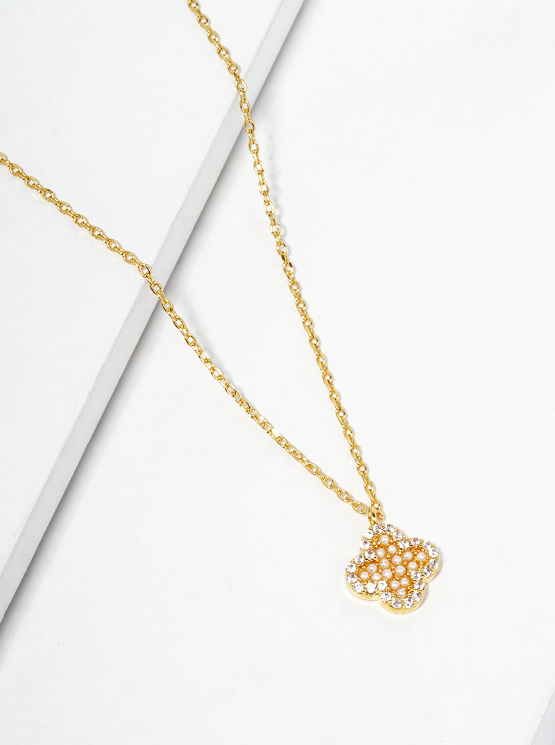 18k Gold Dipped CZ Pearl Beaded Quatrefoil Pendant Necklace