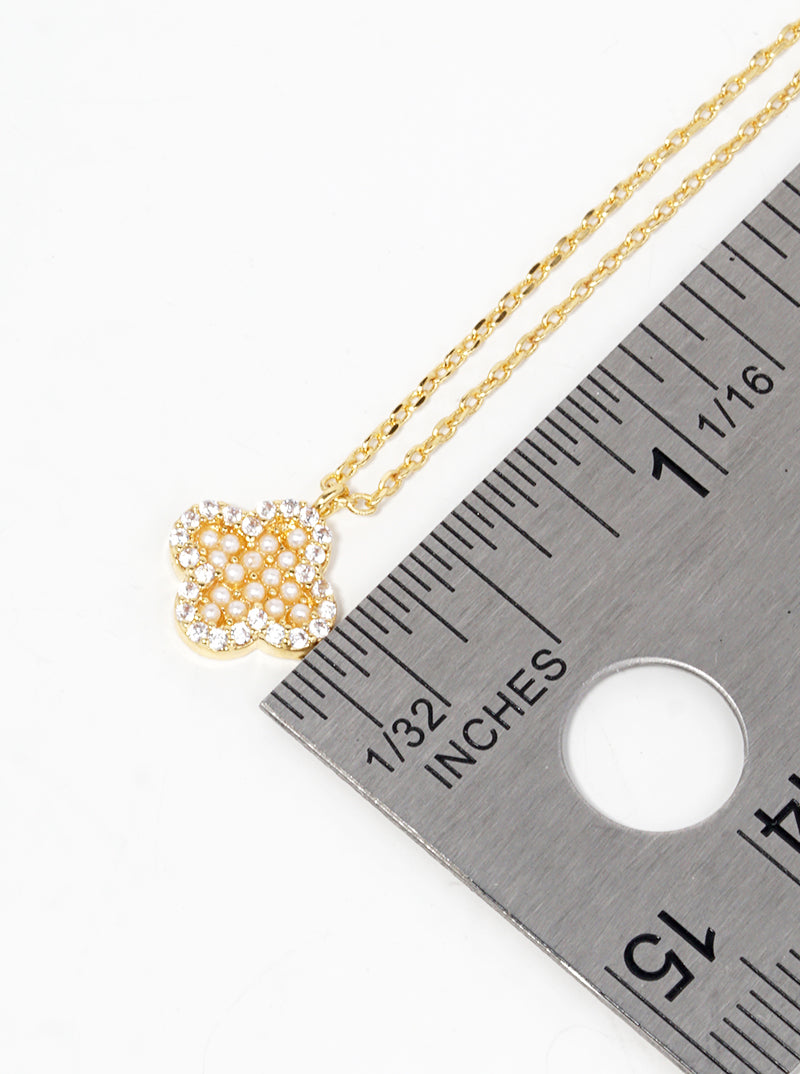 18k Gold Dipped CZ Pearl Beaded Quatrefoil Pendant Necklace