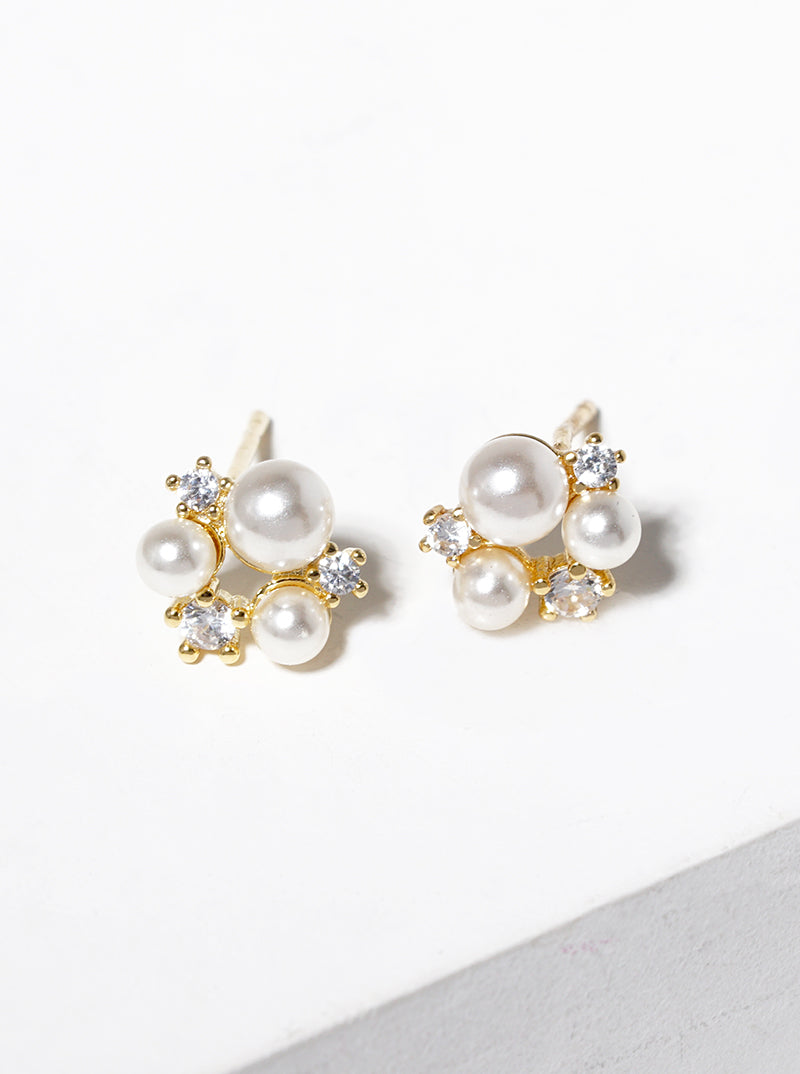 18k Gold Dipped CZ Pearl Cluster Post Stud Earrings