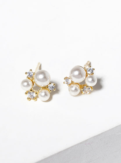 18k Gold Dipped CZ Pearl Cluster Post Stud Earrings