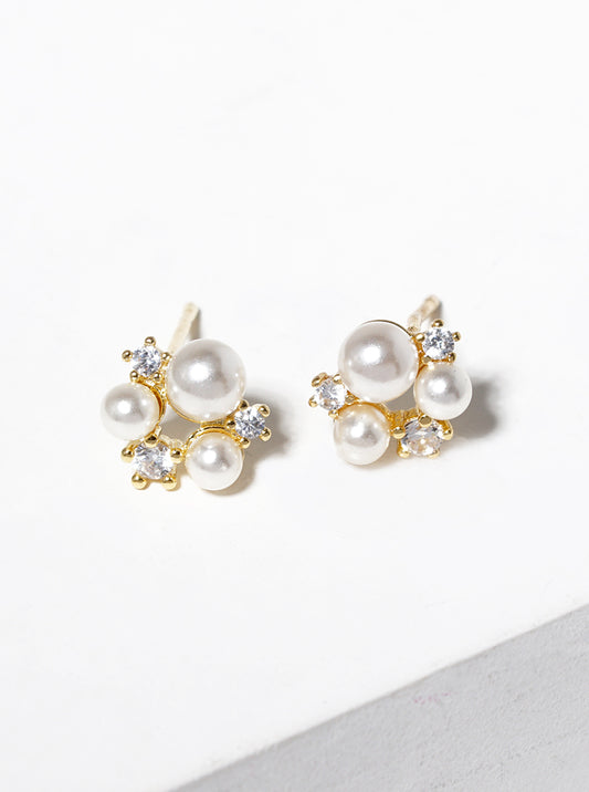 18k Gold Dipped CZ Pearl Cluster Post Stud Earrings