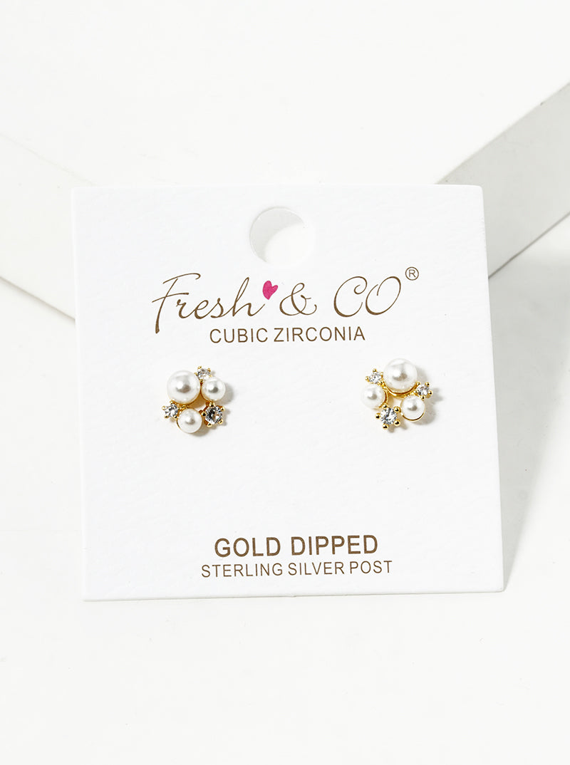 18k Gold Dipped CZ Pearl Cluster Post Stud Earrings