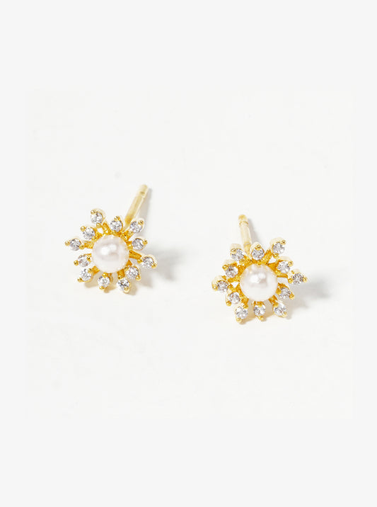 18k Gold Dipped CZ Pearl Dainty Flower Post Stud Earrings
