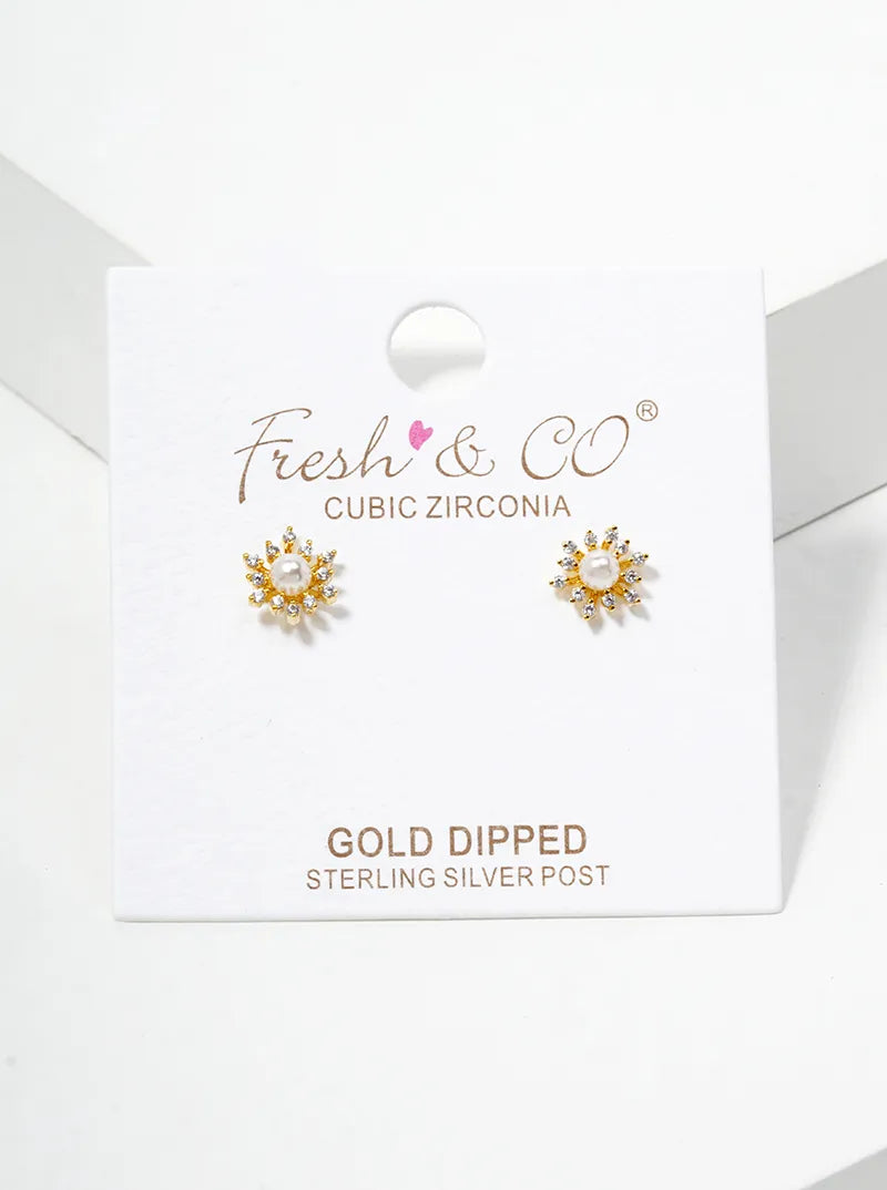 18k Gold Dipped CZ Pearl Dainty Flower Post Stud Earrings