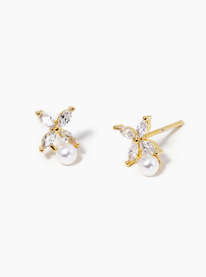 White Gold Dipped CZ Pearl Dainty Post Stud Earrings
