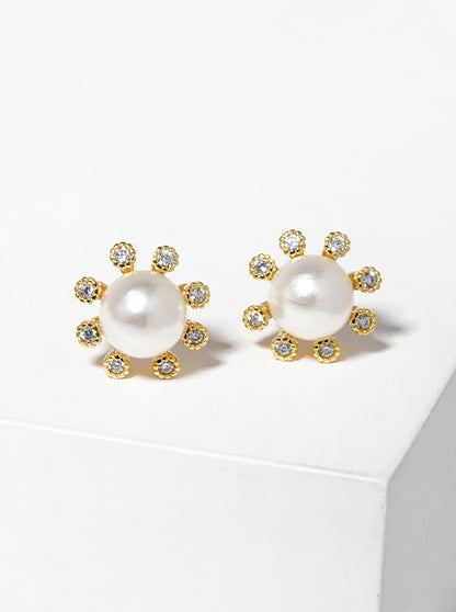 18k Gold Dipped CZ Pearl Flower Post Stud Earrings