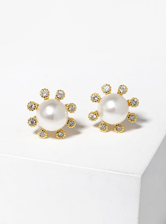 18k Gold Dipped CZ Pearl Flower Post Stud Earrings