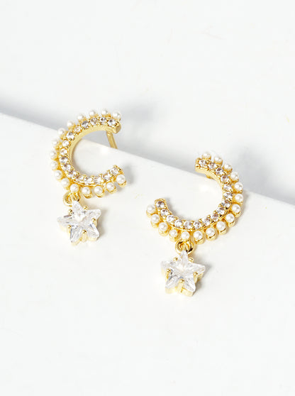 18k Gold Dipped CZ Star Drop Pearl Beaded Dangle Post Earrings