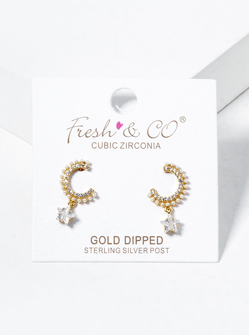 18k Gold Dipped CZ Star Drop Pearl Beaded Dangle Post Earrings