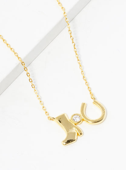 18k Gold Dipped CZ Stone Boot And Horseshoe Pendant Necklace