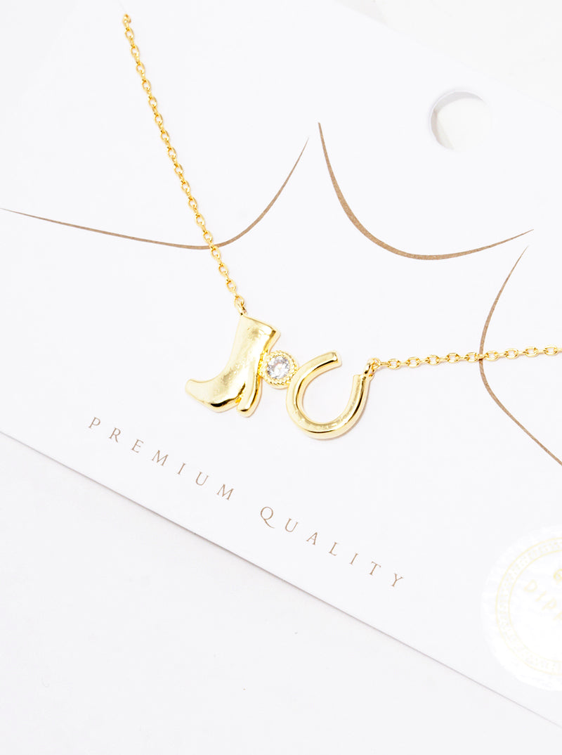18k Gold Dipped CZ Stone Boot And Horseshoe Pendant Necklace