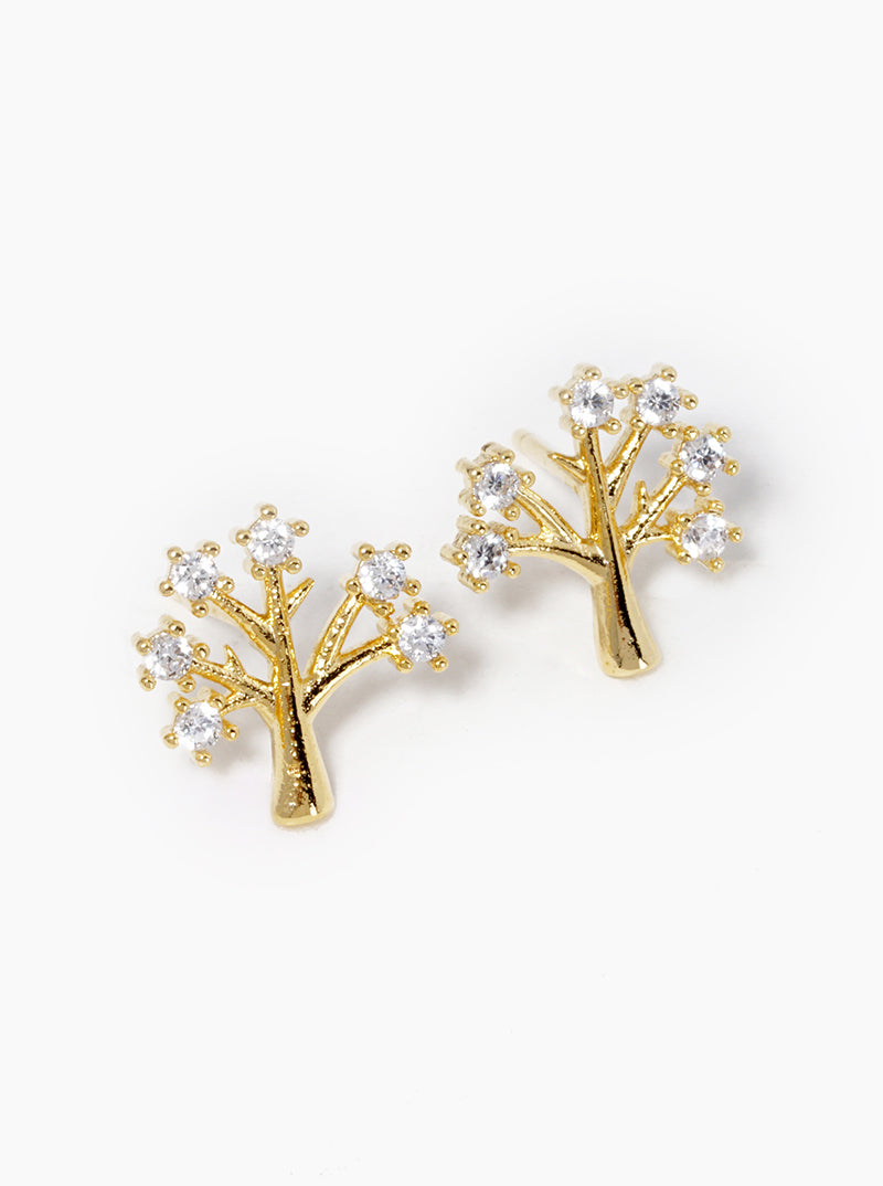 White Gold Dipped CZ Tree Of Life Post Stud Earrings