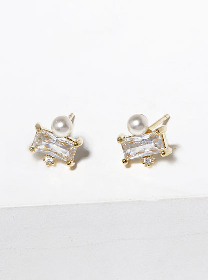 18k Gold Dipped Baguette CZ Pearl Post Stud Earrings
