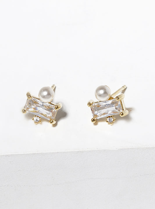 18k Gold Dipped Baguette CZ Pearl Post Stud Earrings