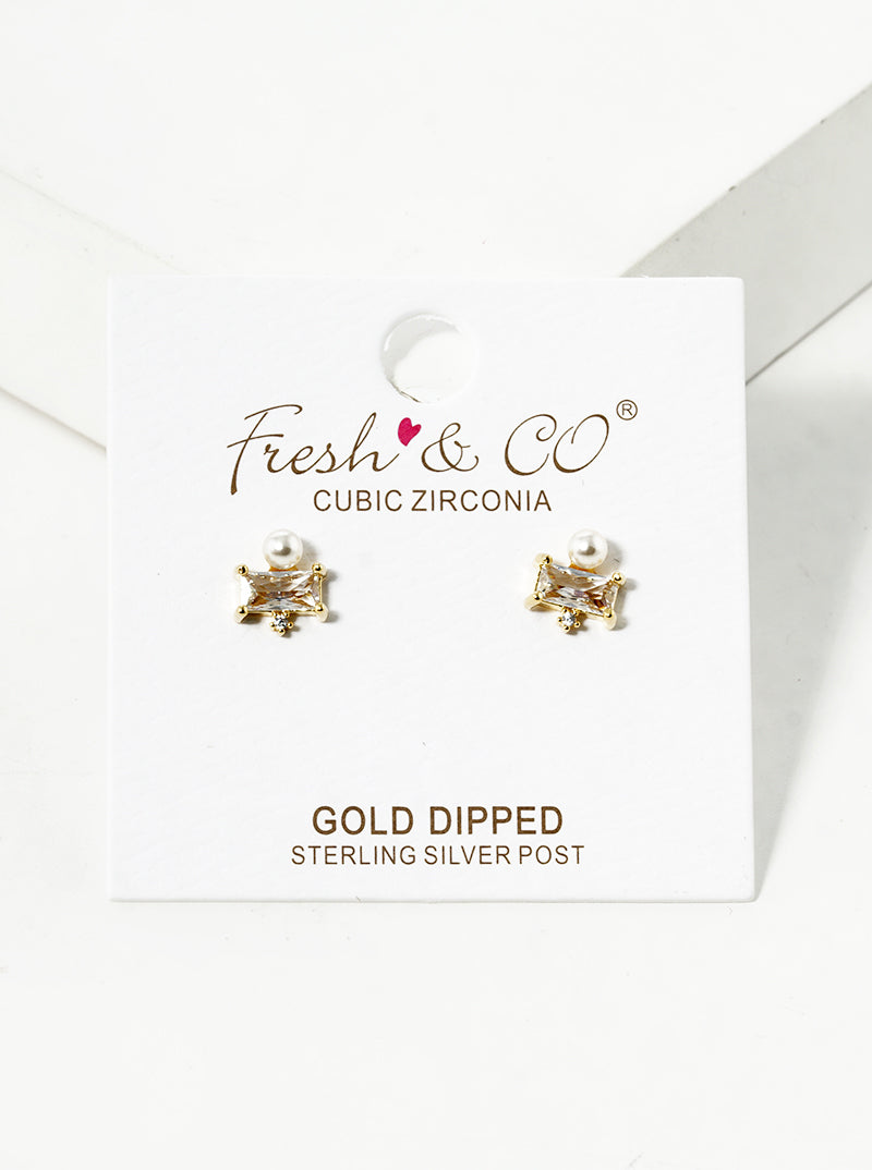 18k Gold Dipped Baguette CZ Pearl Post Stud Earrings