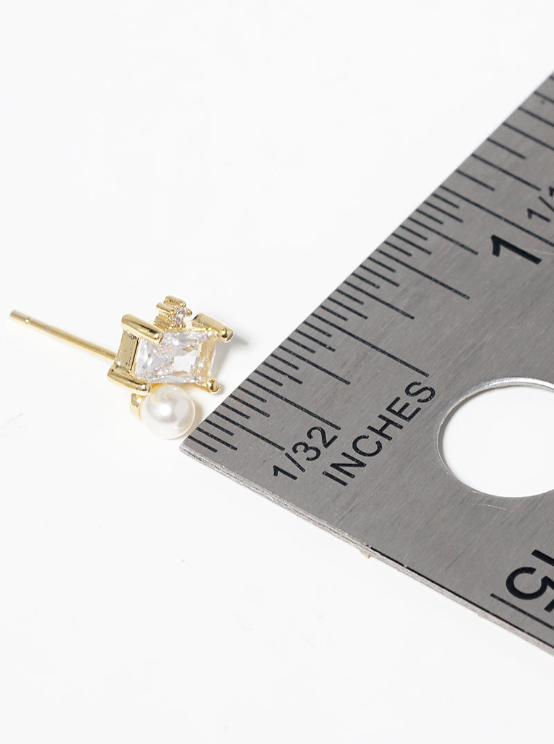 18k Gold Dipped Baguette CZ Pearl Post Stud Earrings