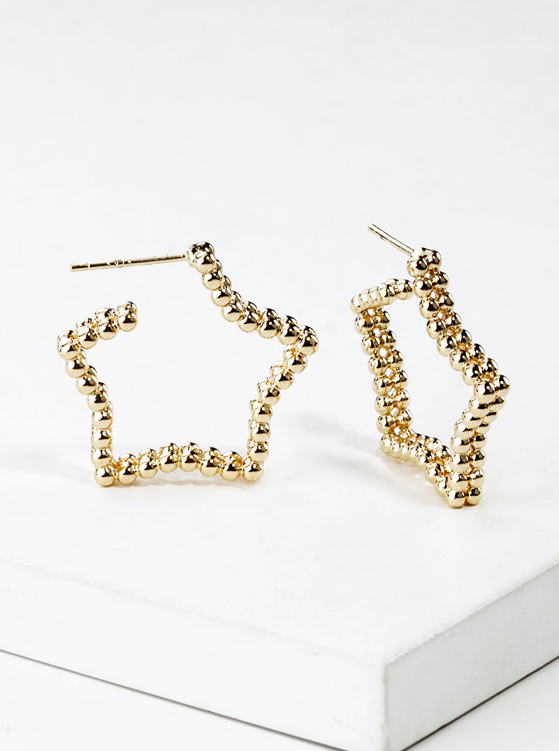 18k Gold Dipped Ball Textured Metal Star 25mm Open Hoop Earrings