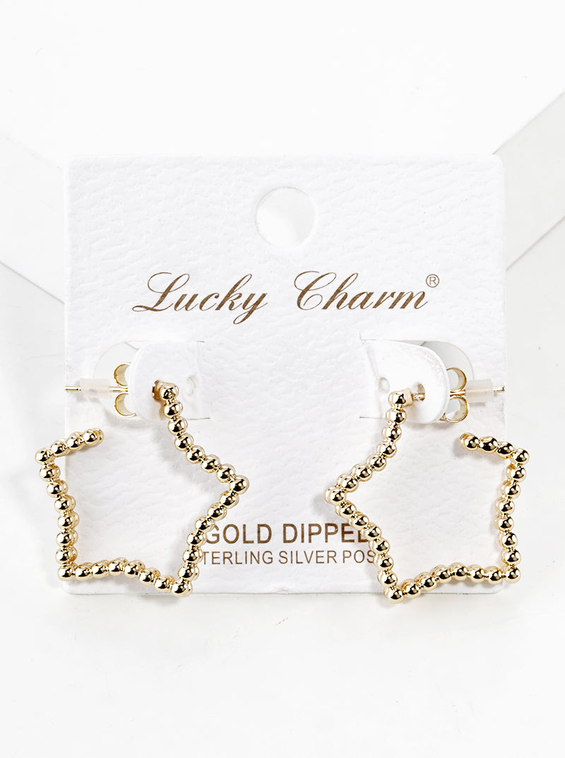 18k Gold Dipped Ball Textured Metal Star 25mm Open Hoop Earrings