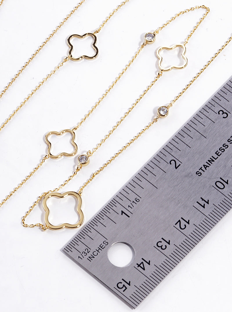 18k Gold Dipped Bezel CZ Quatrefoil 36 Inch Long Station Necklace
