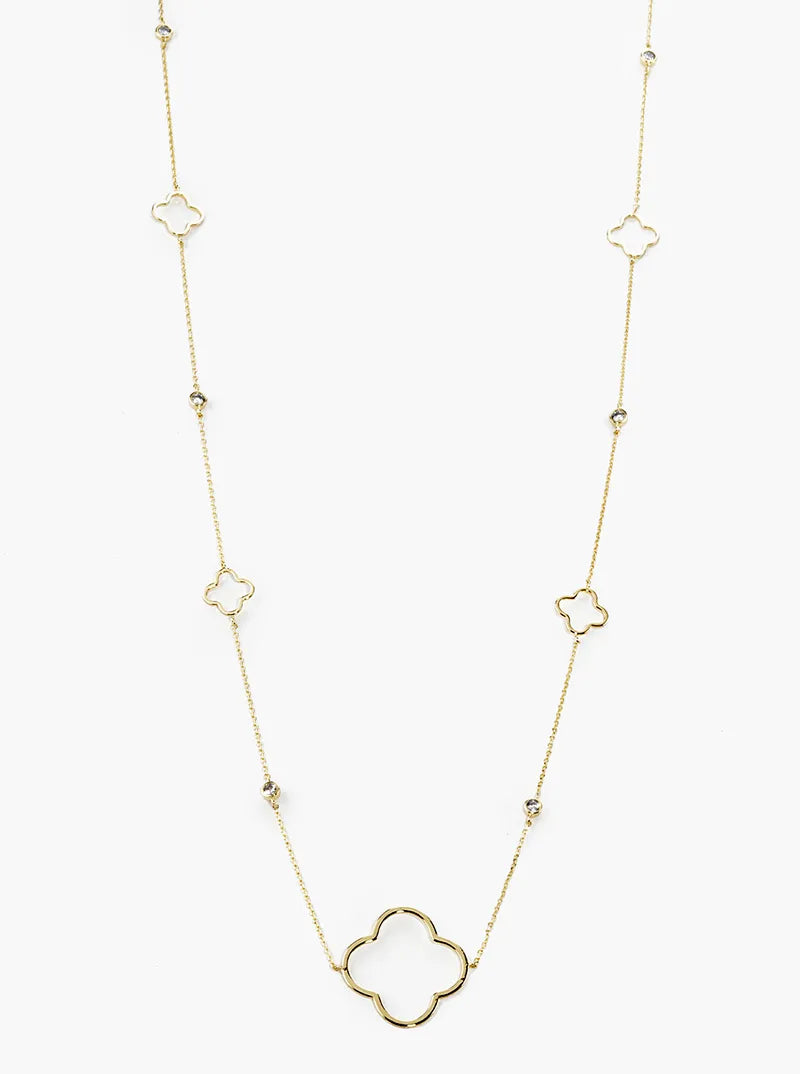 18k Gold Dipped Bezel Set CZ Quatrefoil Long Station Necklace