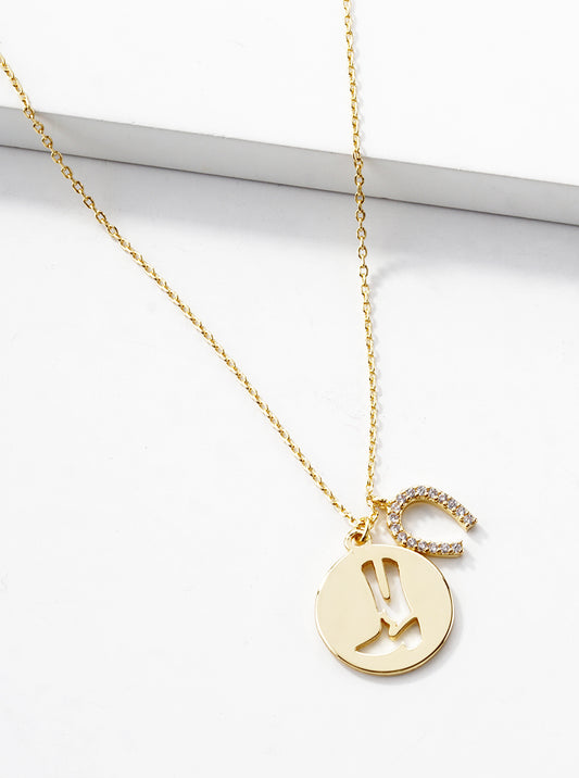 18k Gold Dipped Cowgirl Boot And CZ Pave Horseshoe Pendant Necklace