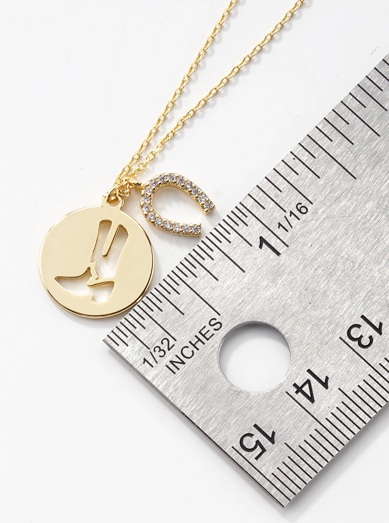 18k Gold Dipped Cowgirl Boot And CZ Pave Horseshoe Pendant Necklace