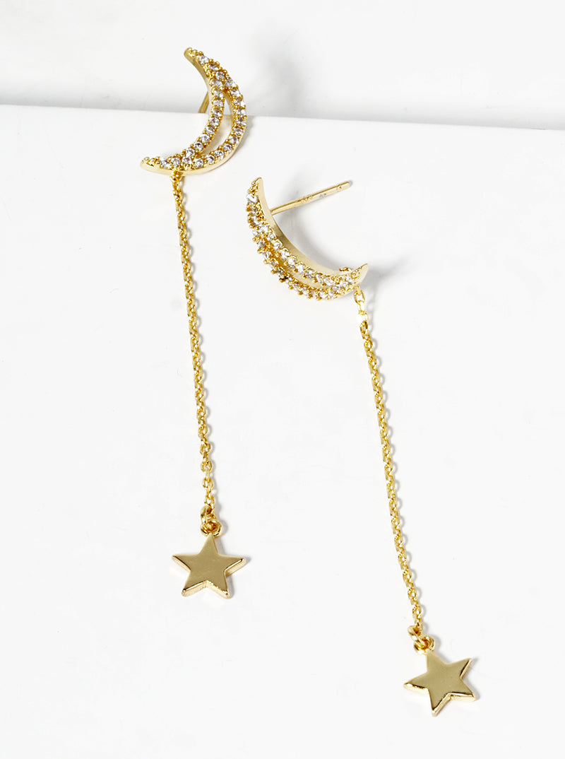 18k Gold Dipped Crescent Moon With Star Drop Dangle Post Earrings