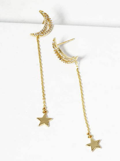 18k Gold Dipped Crescent Moon With Star Drop Dangle Post Earrings