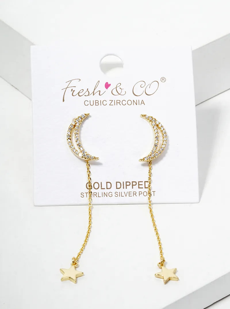 18k Gold Dipped Crescent Moon With Star Drop Dangle Post Earrings