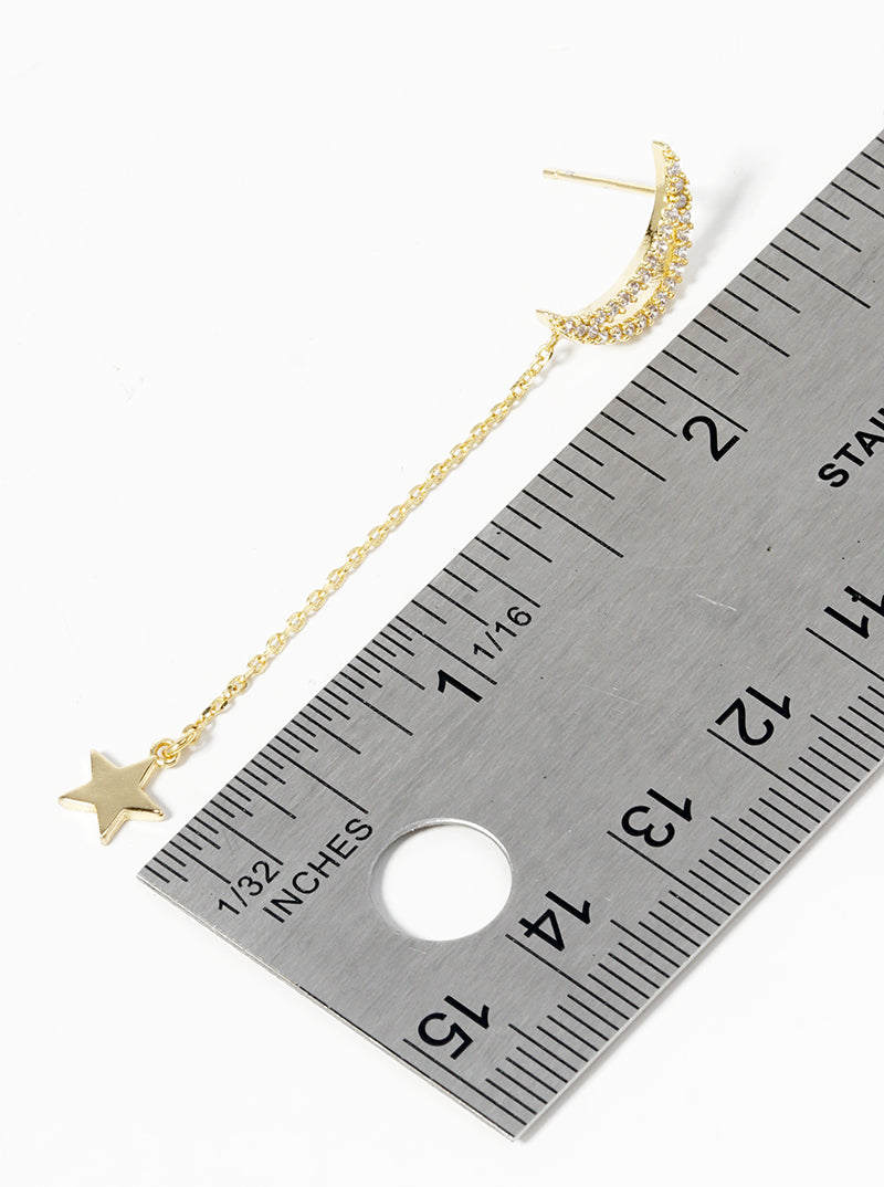 18k Gold Dipped Crescent Moon With Star Drop Dangle Post Earrings