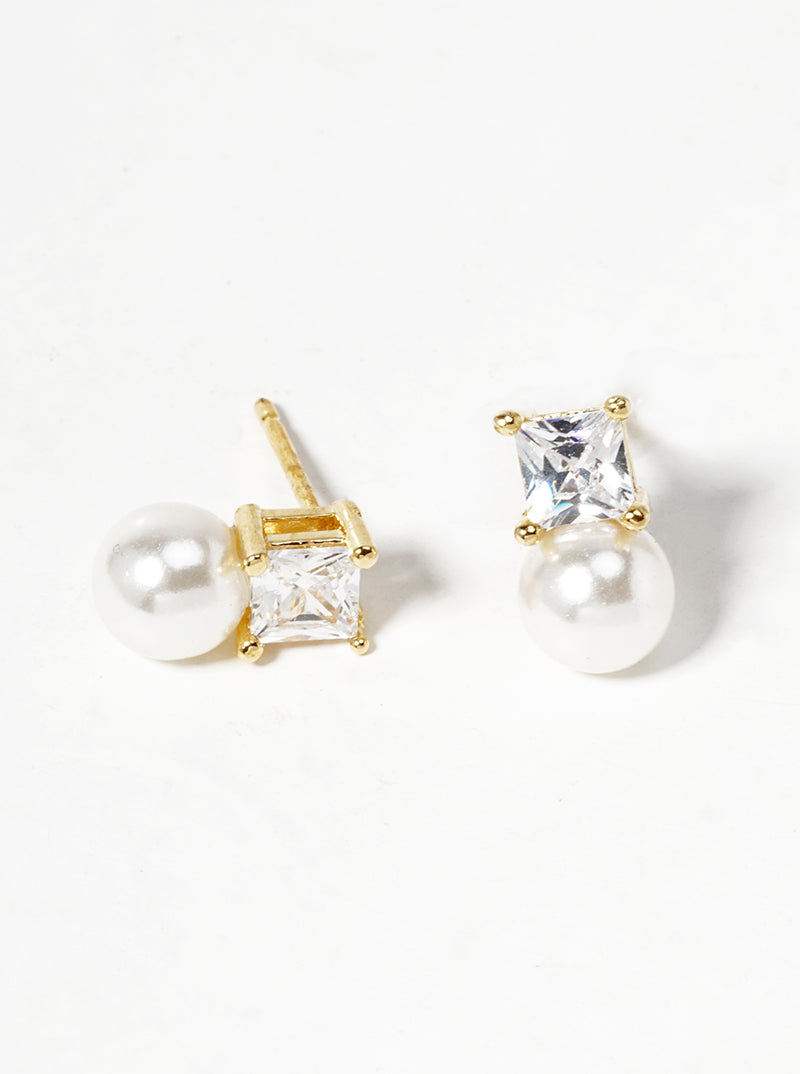 White Gold Dipped Dainty CZ Stone Pearl Drop Post Stud Earrings