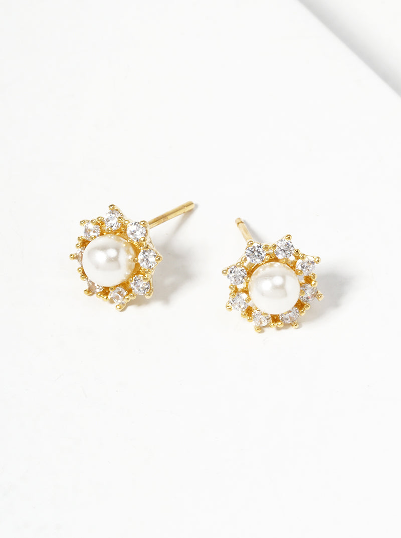 18k Gold Dipped Dainty Flower CZ Glass Pearl Post Stud Earrings