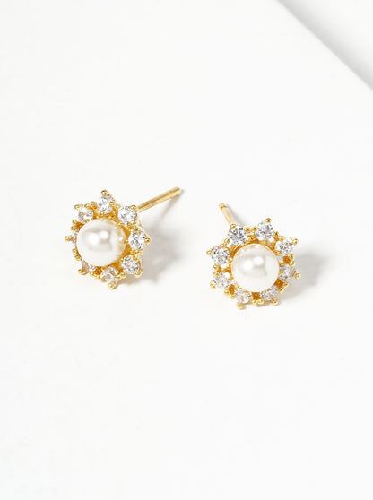 18k Gold Dipped Dainty Flower CZ Glass Pearl Post Stud Earrings