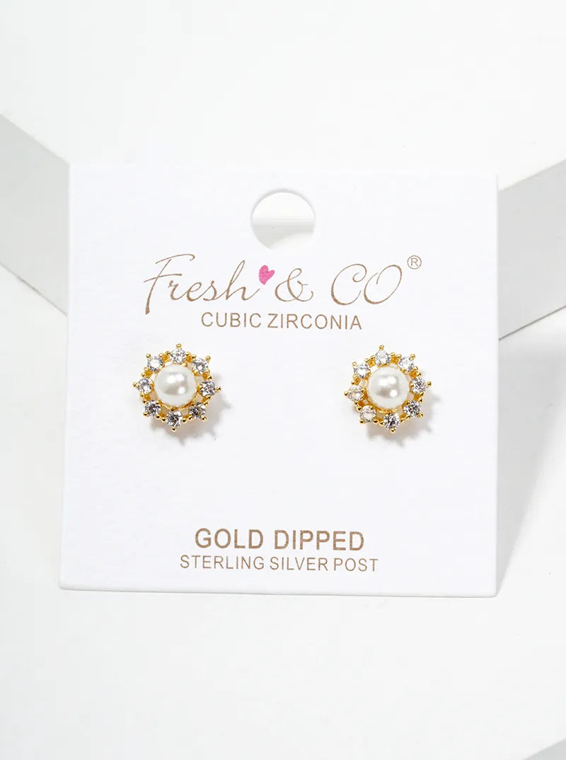18k Gold Dipped Dainty Flower CZ Glass Pearl Post Stud Earrings