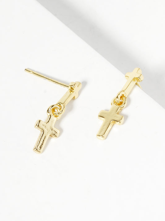 18k Gold Dipped Double Cross Dangle Post Earrings
