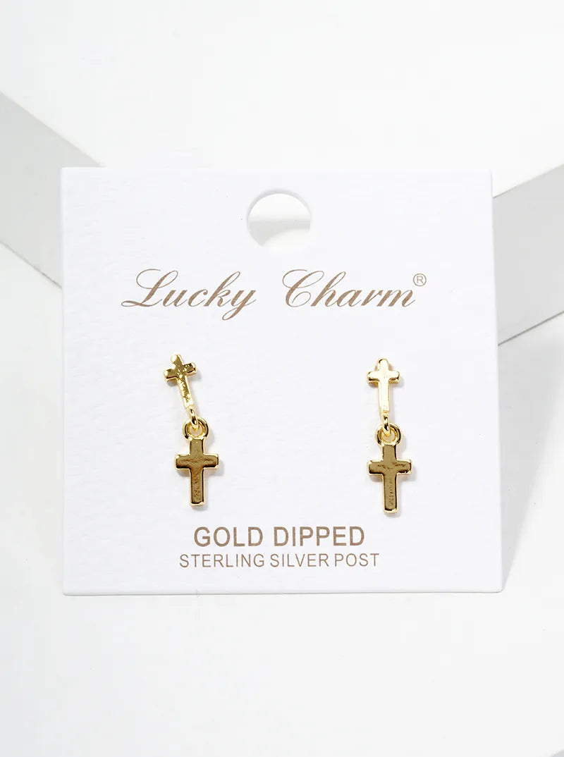 18k Gold Dipped Double Cross Dangle Post Earrings